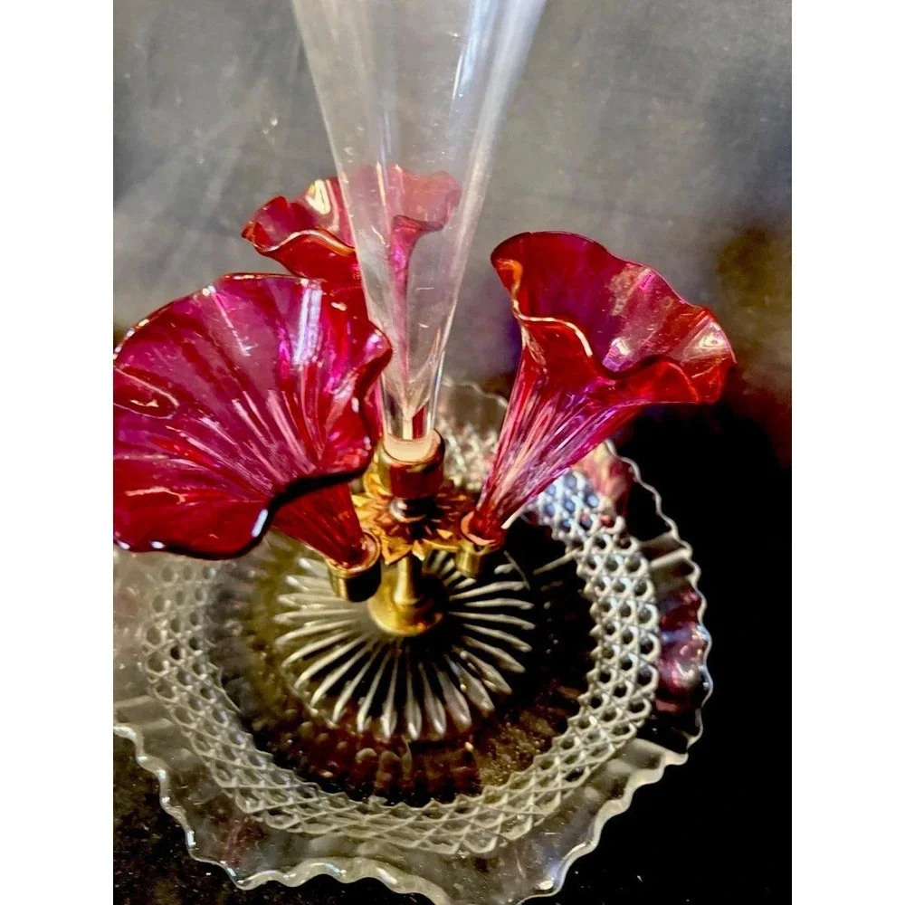 Antique Epergne Victorian Cranberry Glass Flute Epergne Centerpiece Vase